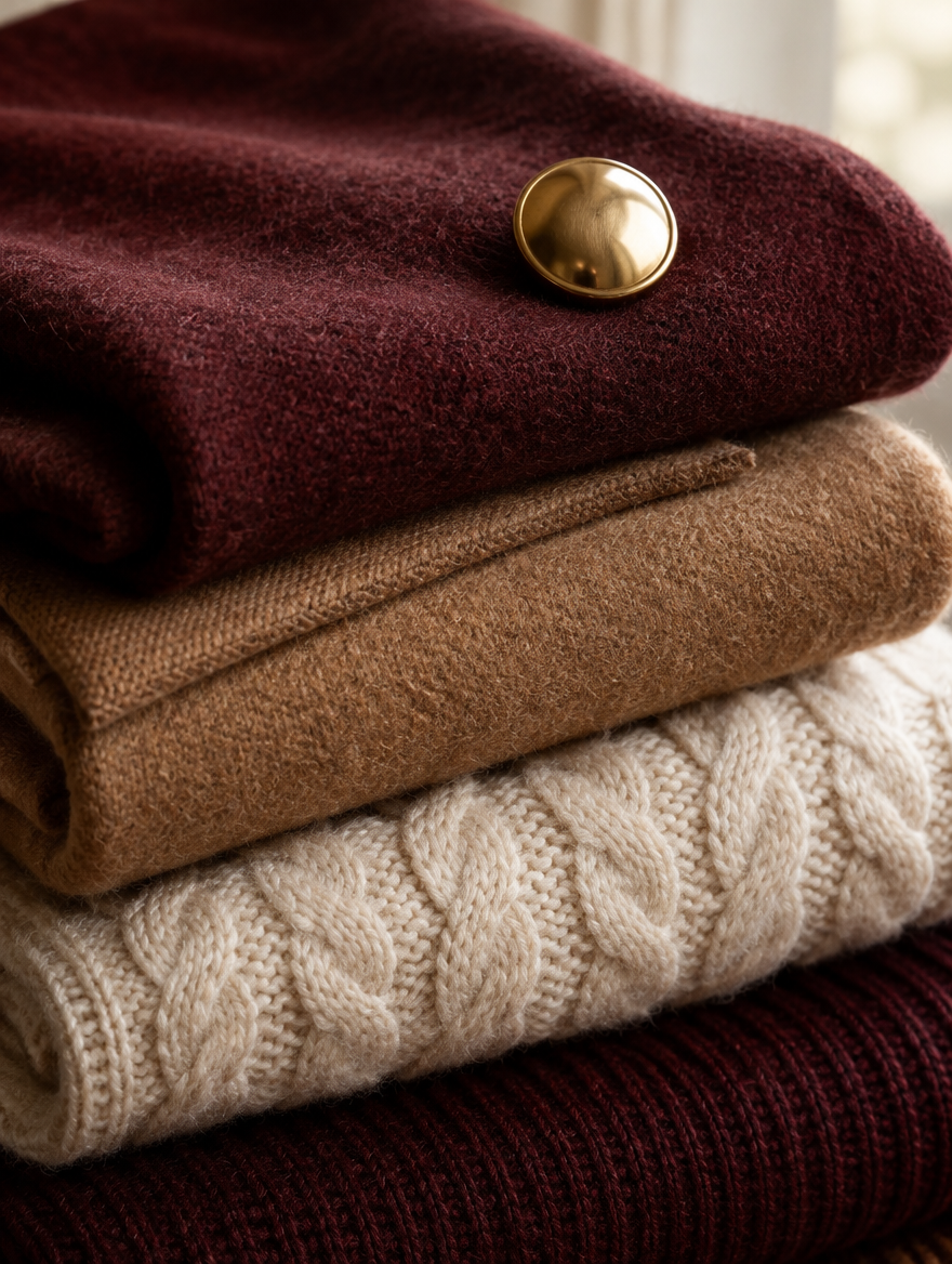 Folded wool, cashmere and cable-knit fabrics with a brass button