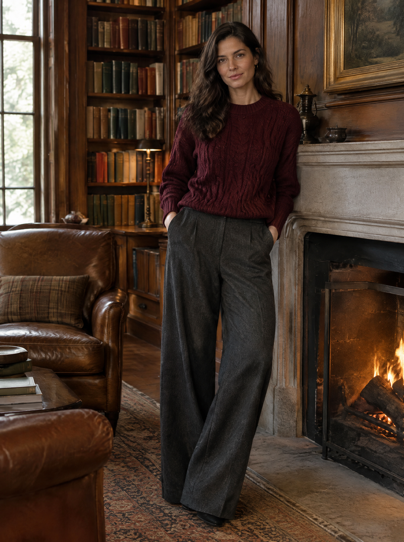 Burgundy cable knit by the fire
